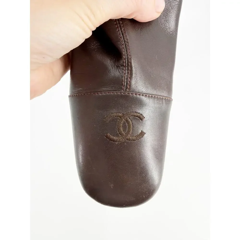 Chanel Vintage Brown Leather CC Cap Toe Silver Heel Riding Boots Size 40 EU 9.5